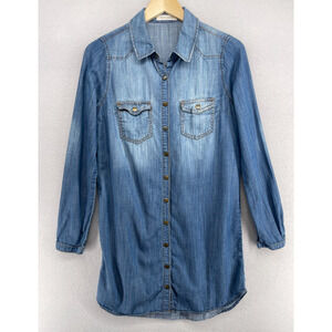 LIFE IN PROGRESS Dress M Chambray Denim Shirtdress Snap Front Western Blue